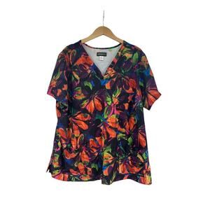 Planet Koi Floral Multicolor Scrub Top Womens Plus Size 3XL